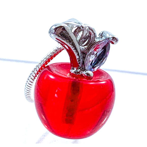 Red Glass Apple Pendant with Rhinestone Leaf - Sterling Silver Plated Chain - Picture 2 of 8